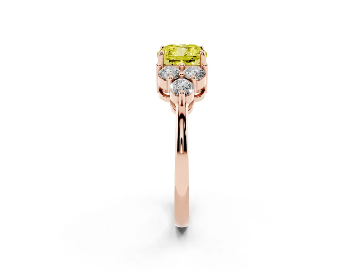 Fancy Yellow Cushion Cut Brilliant Diamond Cluster Accent Solitaire Ring with Prong Setting Rose gold