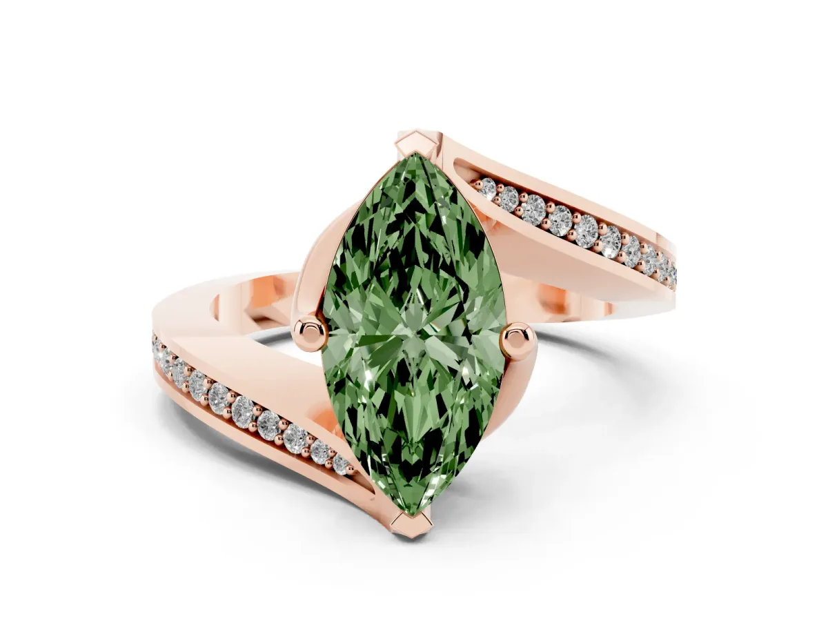 Fancy Green Marquise Cut Solitaire Diamond Twist Band with Pavé Setting and Four-Prong Setting Rose gold