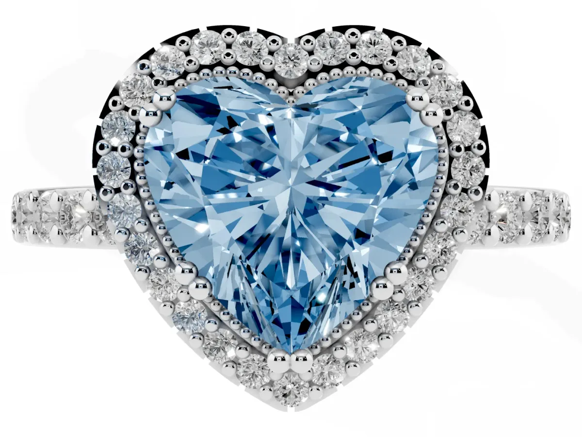 Fancy Blue Heart Cut Cut Diamond Halo Engagement Ring with Milgrain Detail and Pavé Band Platinum