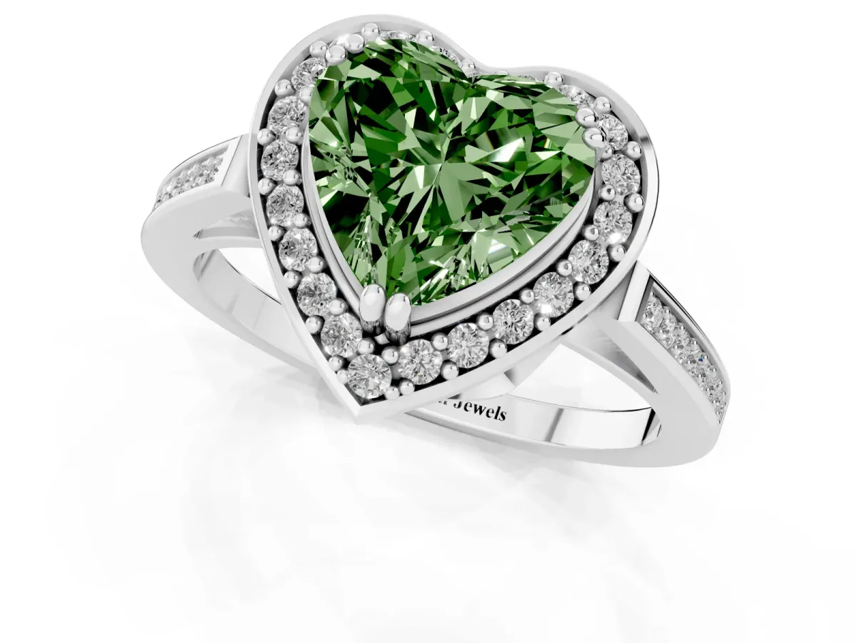 Fancy Green Heart Cut Diamond Halo Ring with Split Shank and Four-Prong Setting Silver