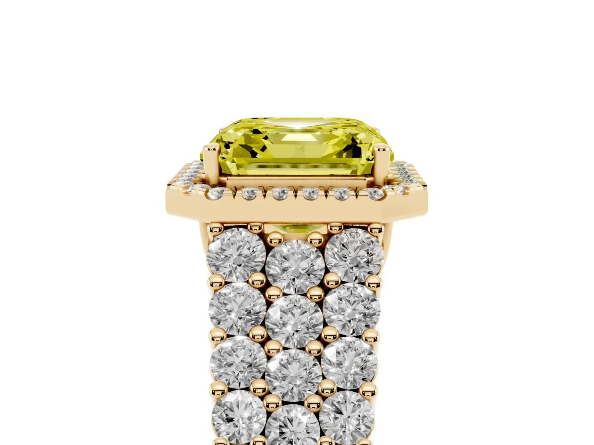 Fancy Yellow Asscher Cut Diamond Halo Engagement Ring with Triple Row Round Pavé Band and Prong Setting Yellow gold