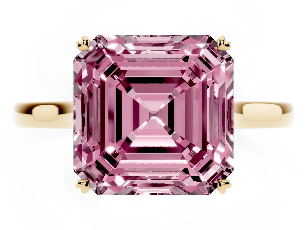 Fancy Pink Asscher Cut Solitaire Heart Prong Engagement Ring with Tapered Band Yellow gold