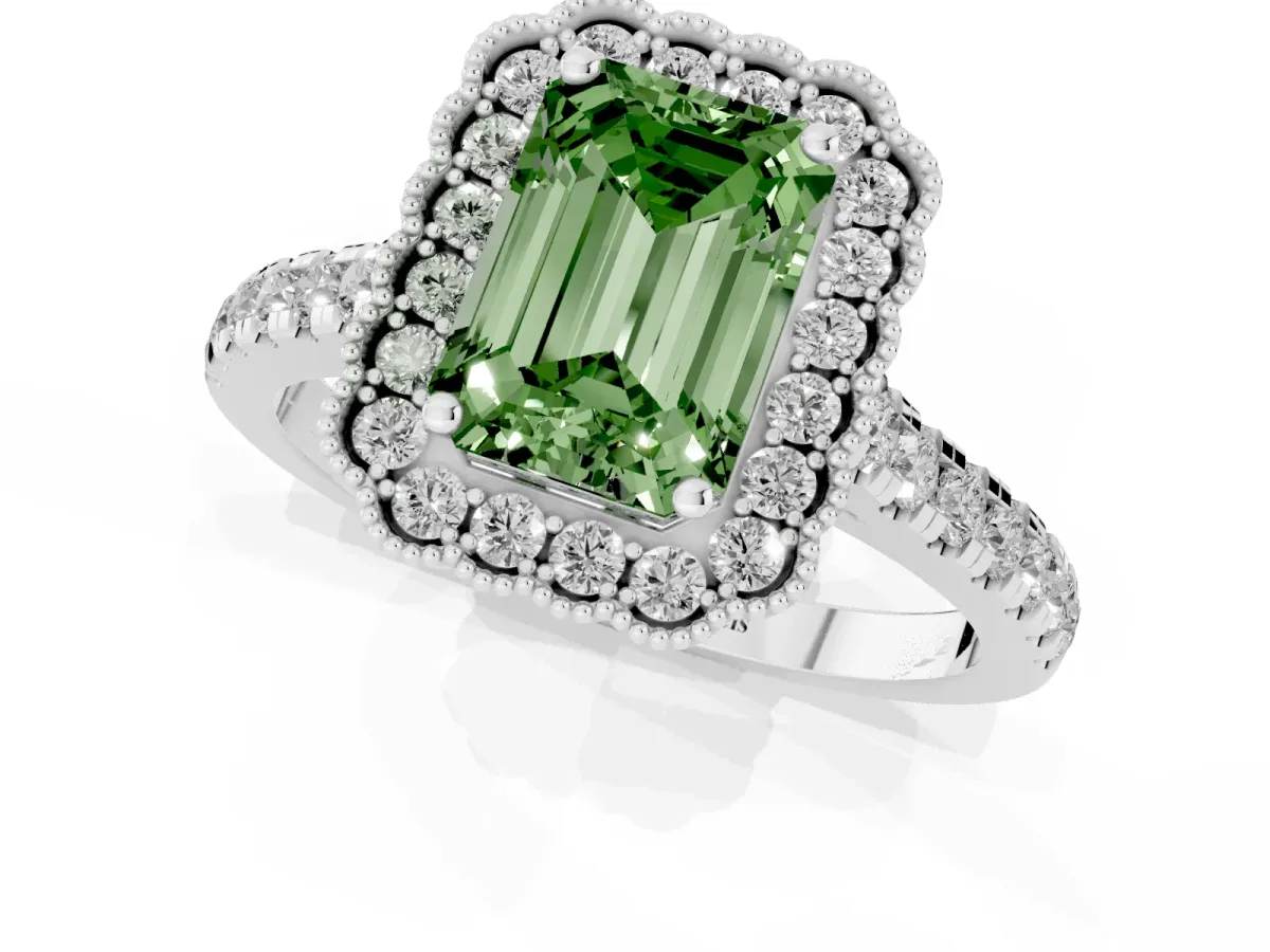 Fancy Green Emerald Cut Cut Diamond Milgrain Floral Halo Engagement Ring with Pavé Band Platinum