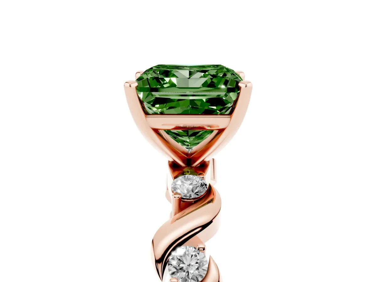 Fancy Green Princess Cut Diamond Solitaire Twisted Band with Round Accents and Prong Setting Rose gold