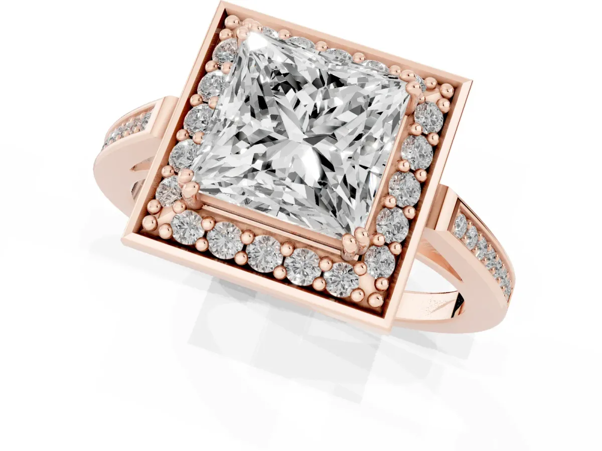 Princess Cut Diamond Halo Ring with Split Shank and Four-Prong Setting Rose gold