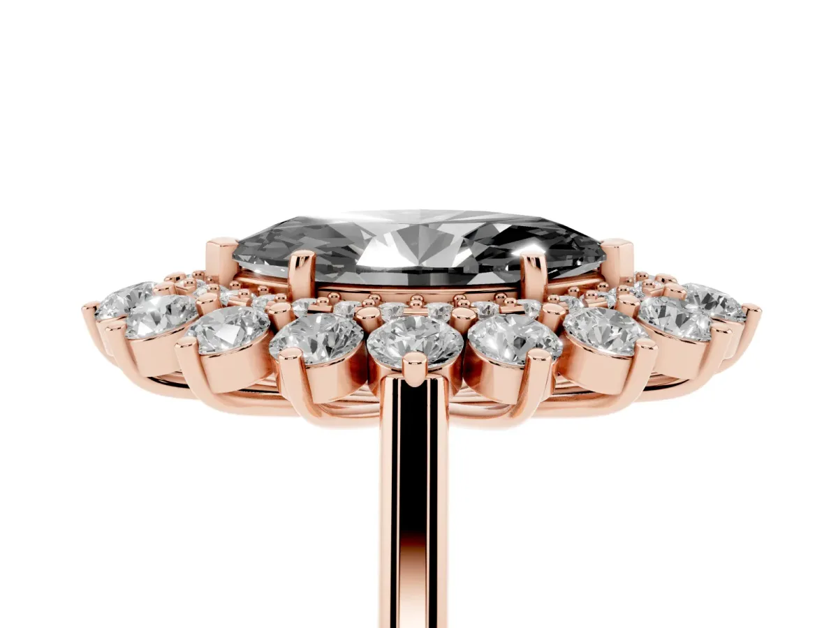 Fancy Black Marquise Cut Diamond Floral Double Halo Engagement Ring with Prong Setting Rose gold