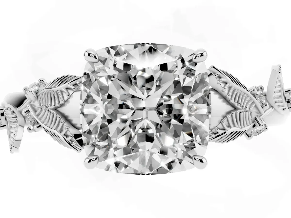 Cushion Cut Diamond Solitaire Ring with Leaf Motif Band and Four-Prong Setting Silver
