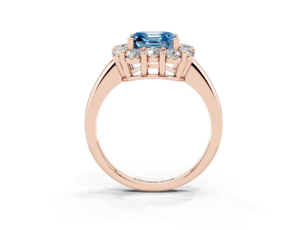 Fancy Blue Asscher Cut Halo Cluster Diamond Engagement Ring with Prong Setting and Polished Band Rose gold