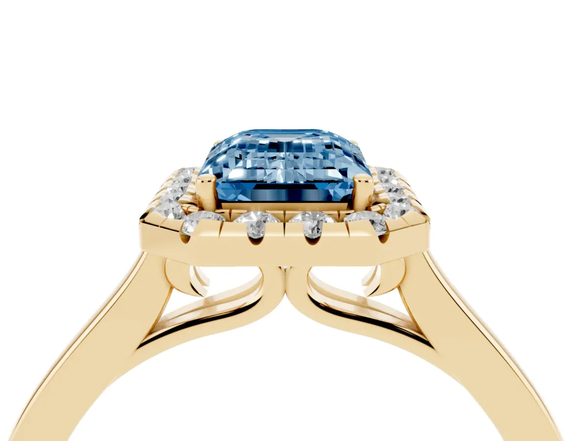 Fancy Blue Emerald Cut Halo Round Diamond Solitaire Ring with Pavé Band and Four-Prong Setting Yellow gold