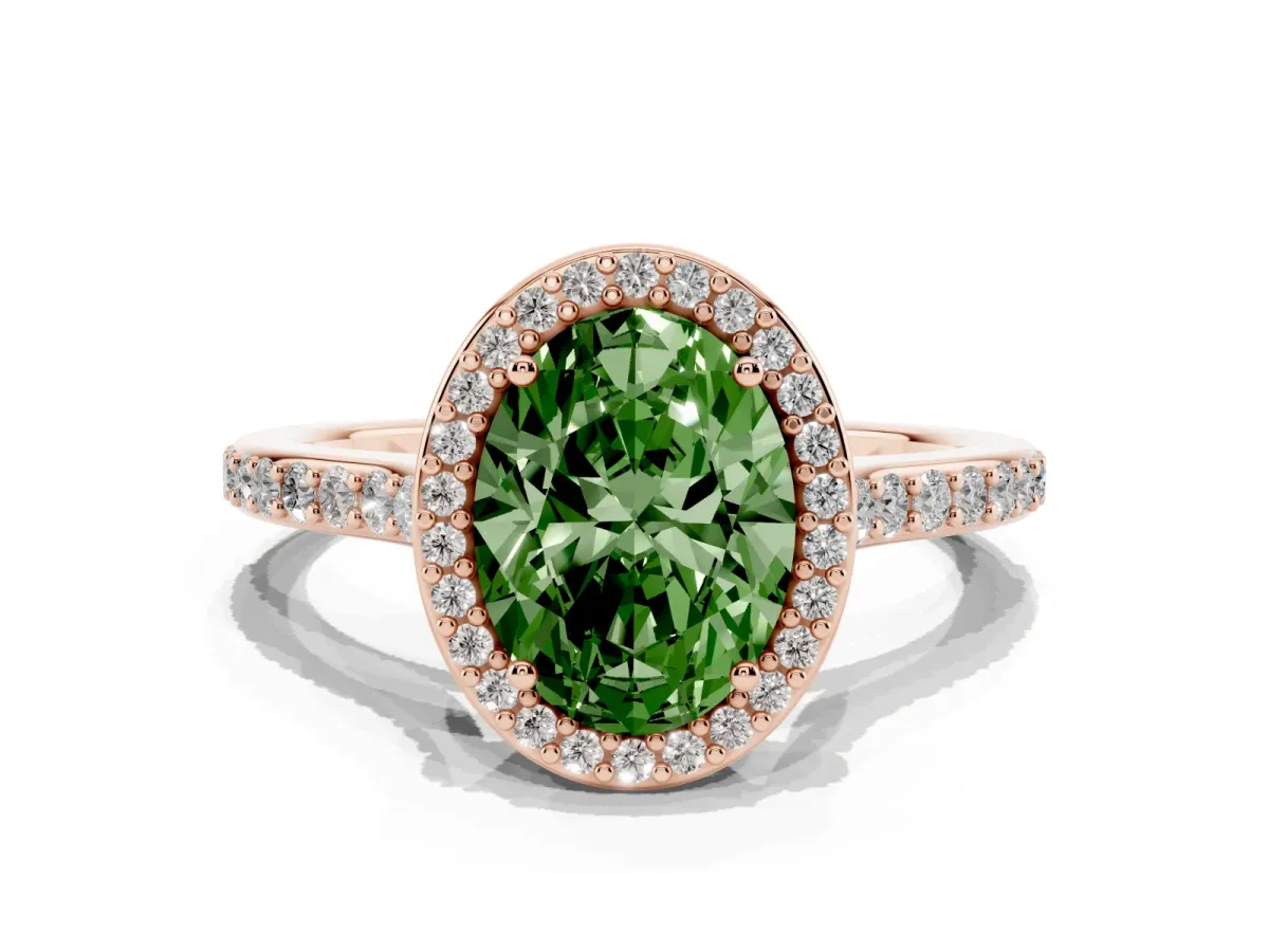 Fancy Green Oval Cut Diamond Halo Engagement Ring with Round Pavé Shoulders and Prong Setting Rose gold