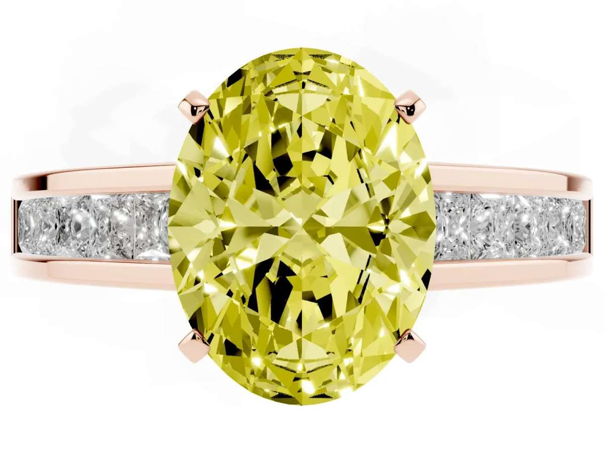 Fancy Yellow Oval Cut Solitaire Diamond Ring with Channel-Set Band and Four-Prong Setting Rose gold