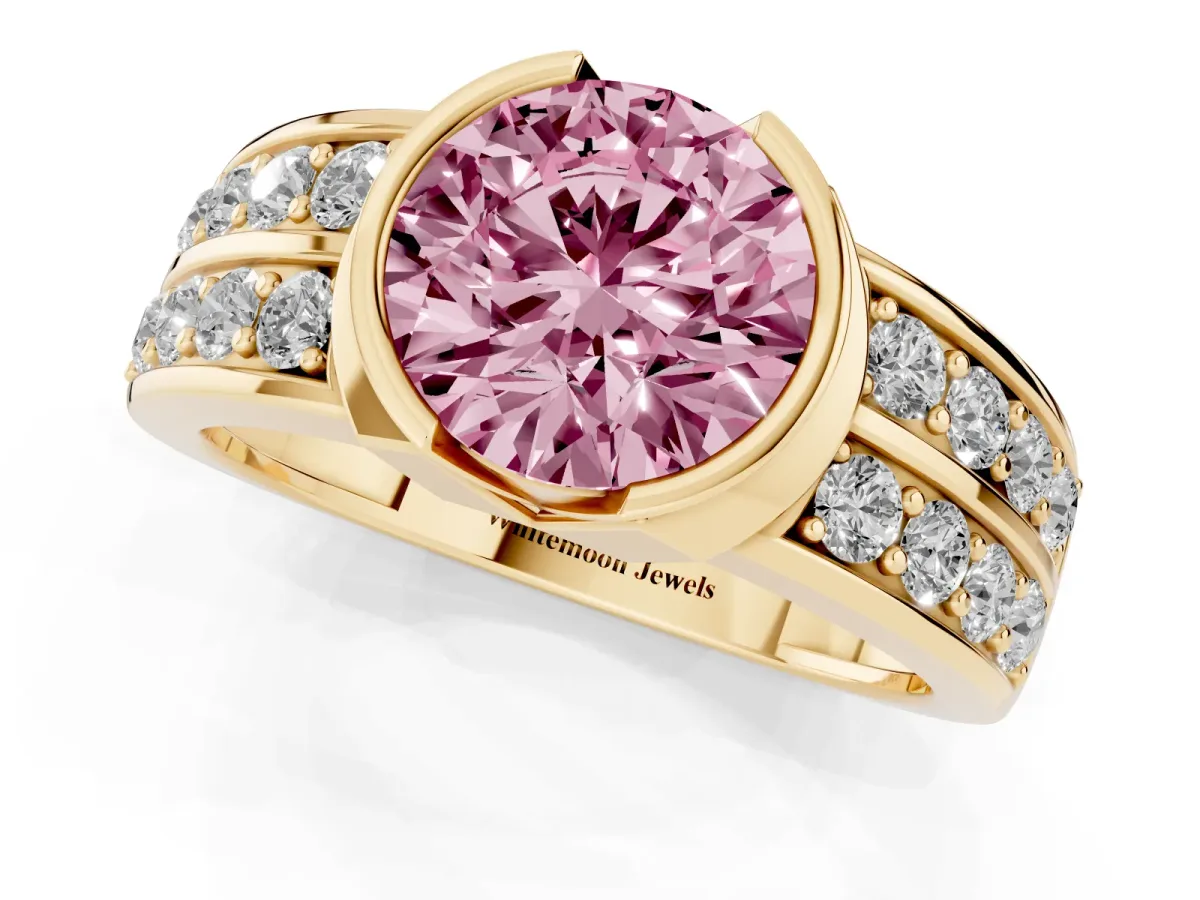 Fancy Pink Round Cut Brilliant Diamond Channel Set Wide Band Ring with Bezel Setting Yellow gold