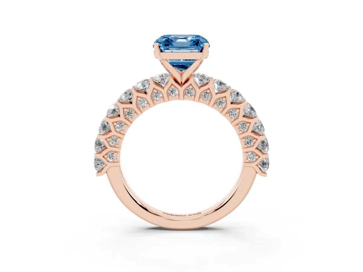 Fancy Blue Asscher Cut Diamond Solitaire Ring with Shared Prong Pavé Band and Four-Prong Setting Rose gold