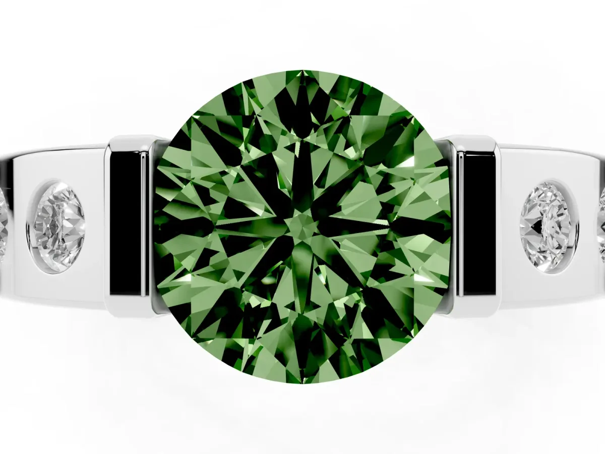 Fancy Green Round Cut Brilliant Channel-Set Diamond Ring with Bezel Prong Setting Silver