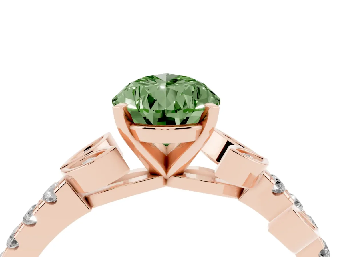 Fancy Green Pear Cut Solitaire Leaf-Inspired Diamond Ring with Pavé Band and Four-Prong Setting Rose gold