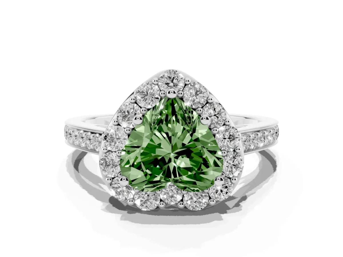 Fancy Green Heart Cut Diamond Floral Halo Ring with Pavé Band and Prong Setting Platinum