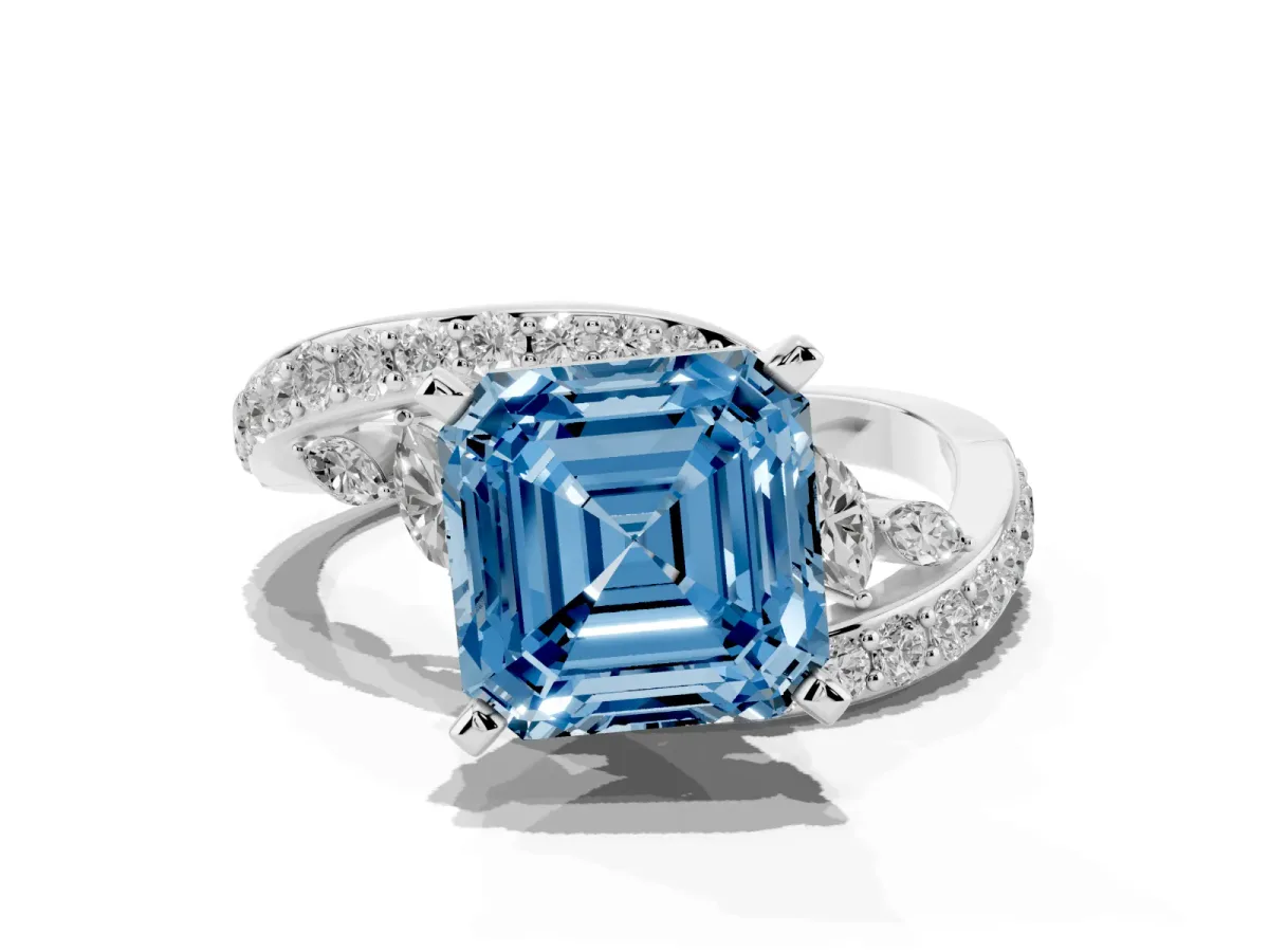 Fancy Blue Asscher Cut Solitaire with Pavé Twist Band and Four-Prong Setting Silver