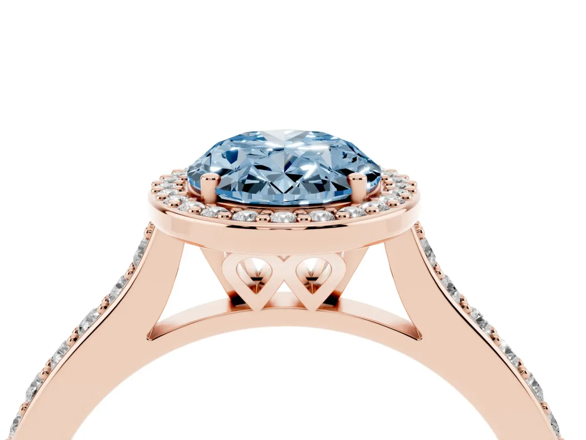 Fancy Blue Oval Cut Diamond Halo Engagement Ring with Round Pavé Shoulders and Prong Setting Rose gold