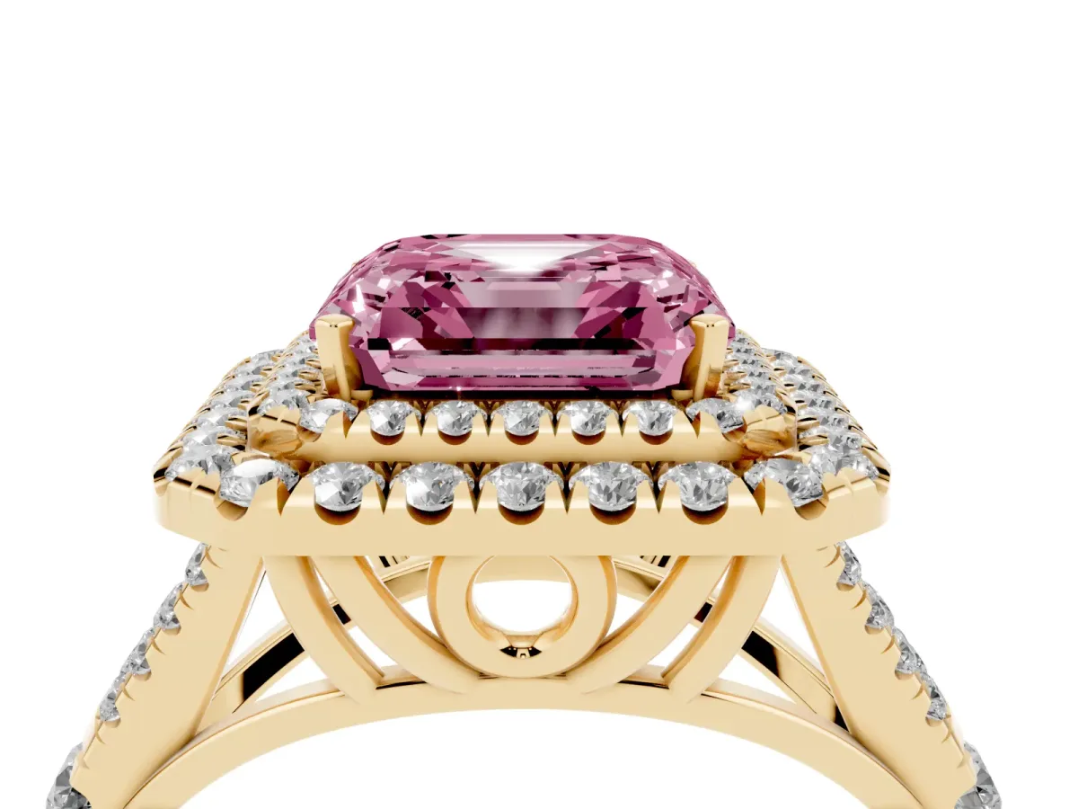Fancy Pink Asscher Cut Cut Double Halo Split Shank Diamond Ring with Prong Setting Yellow gold