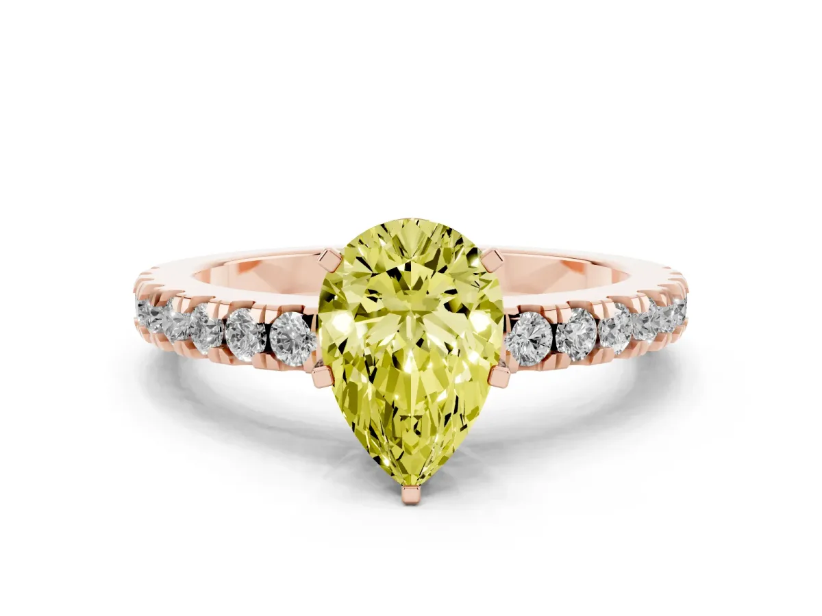 Fancy Yellow Pear Cut Solitaire Diamond with Pavé Band and Four-Prong Setting Rose gold