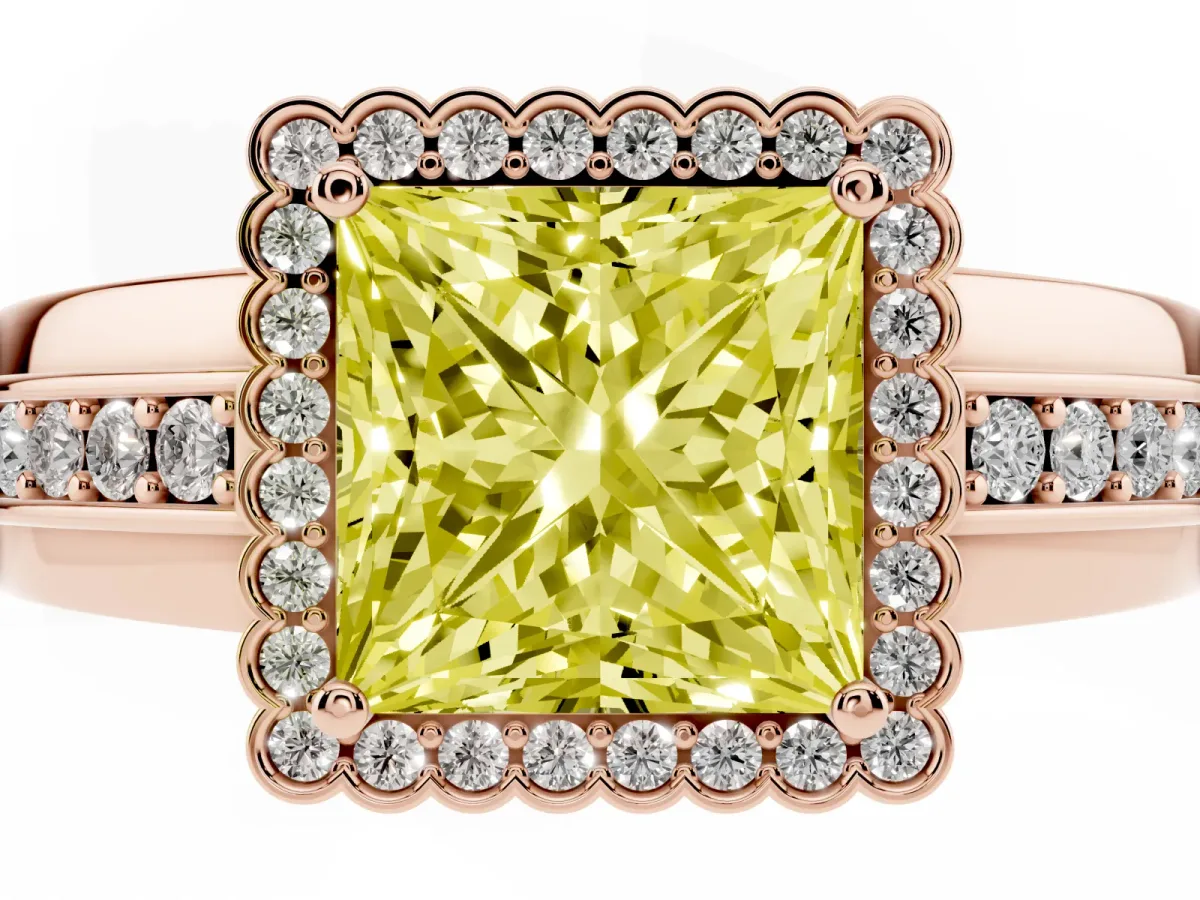 Fancy Yellow Princess Cut Cut Halo Pave Band Four-Prong Ring Rose gold