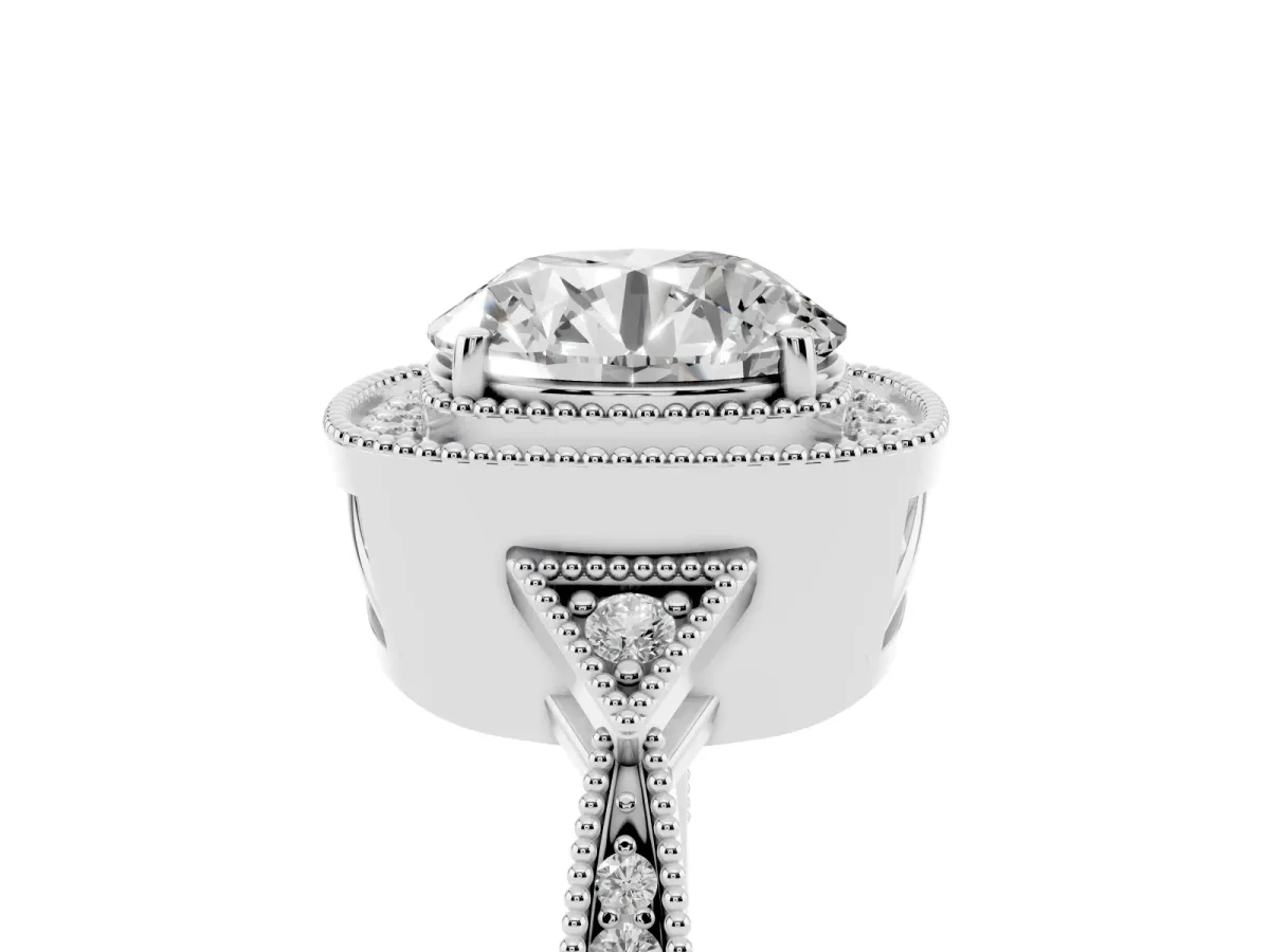 Round Cut Halo Round Diamond Milgrain Pave Engagement Ring Silver