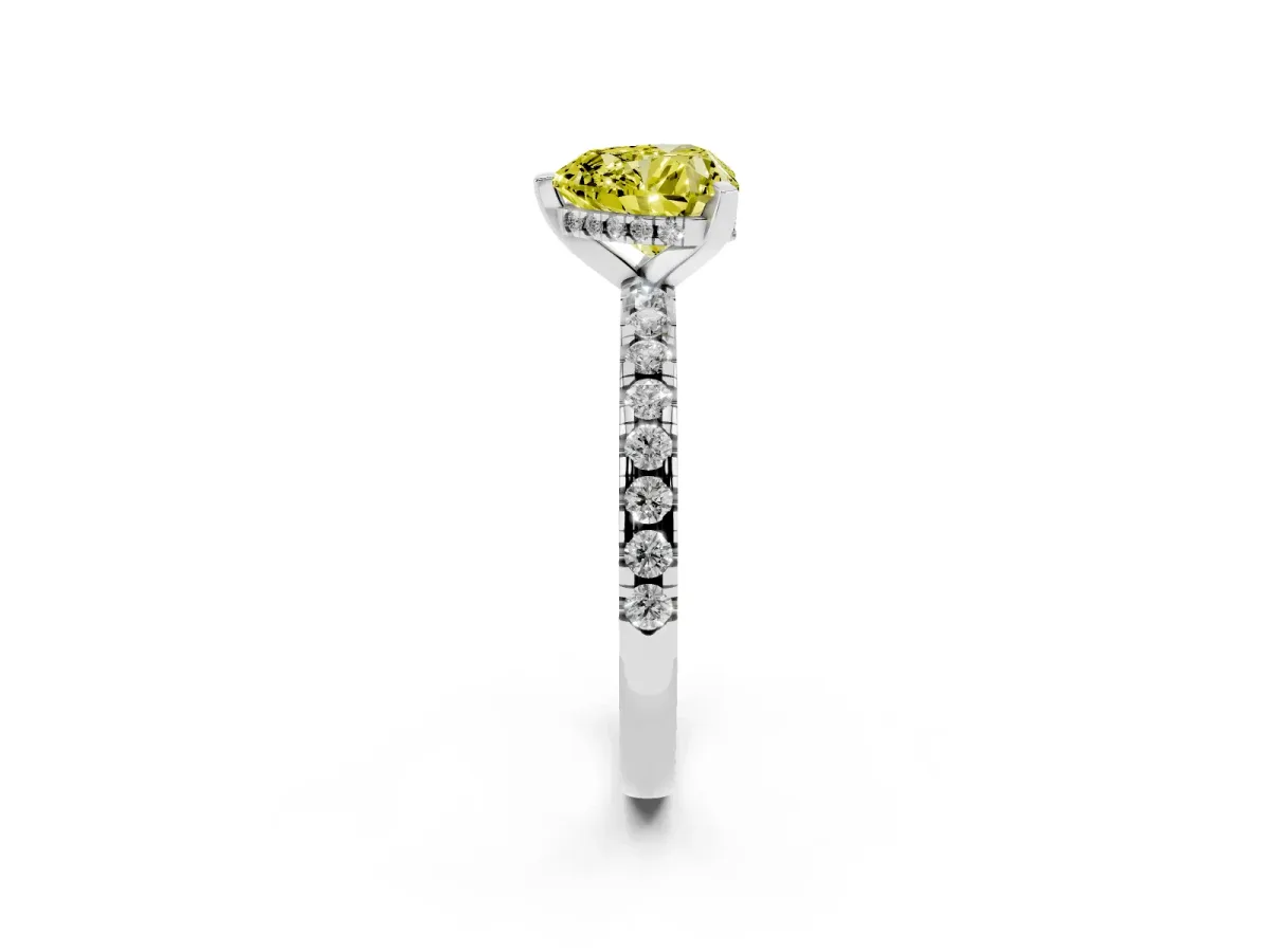 Fancy Yellow Heart Cut Diamond Solitaire Ring with Round Pavé Band and Four-Prong Setting Silver