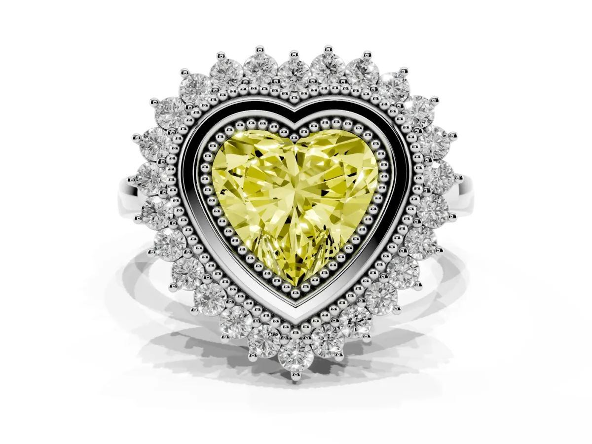 Fancy Yellow Heart Cut Halo Diamond Ring with Milgrain Edge and Round Prong Setting Silver