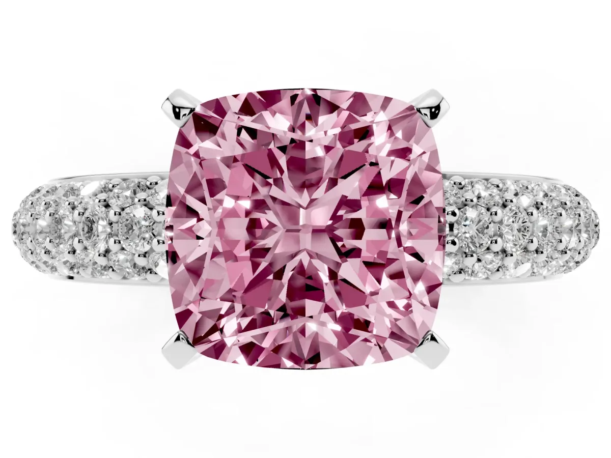 Fancy Pink Cushion Cut Diamond Solitaire Ring with Prong Setting and Pavé Band Platinum