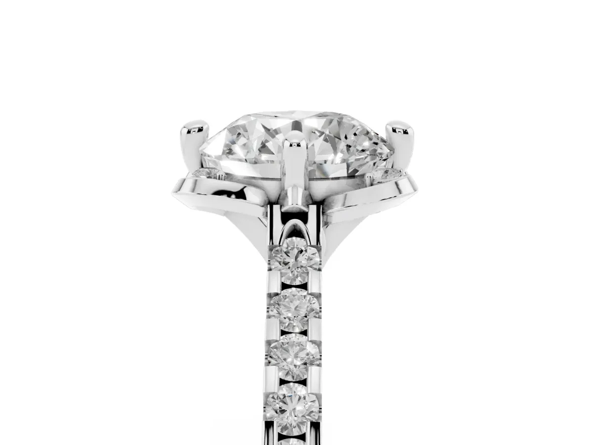 Round Cut Diamond Ring with Pavé Band and Floral Prong Setting Silver