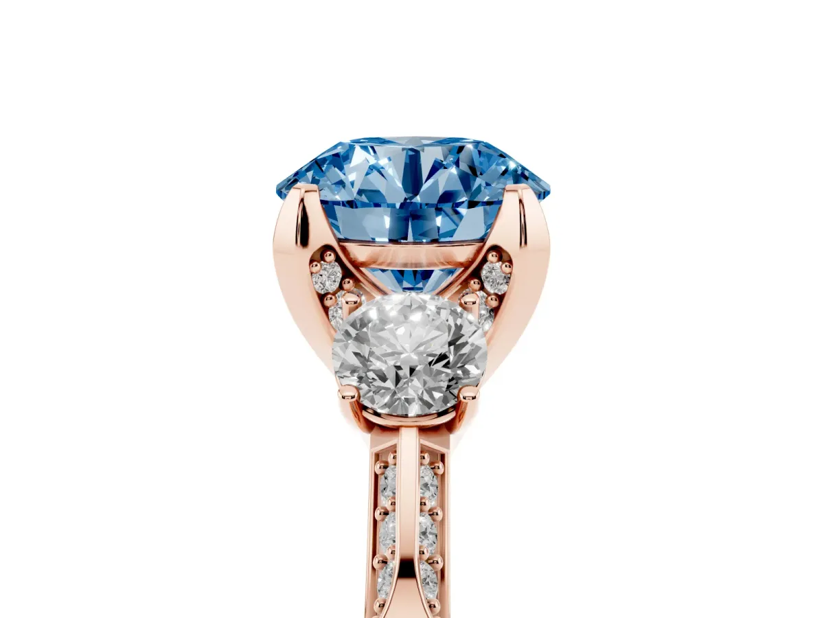 Fancy Blue Round Cut Brilliant Three-Stone Diamond Ring with Pavé Band and Four-Prong Setting Rose gold