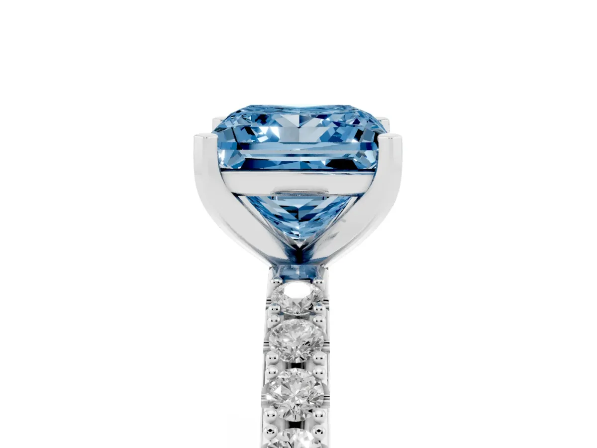 Fancy Blue Princess Cut Diamond Solitaire Pavé Band with Four-Prong Setting Silver