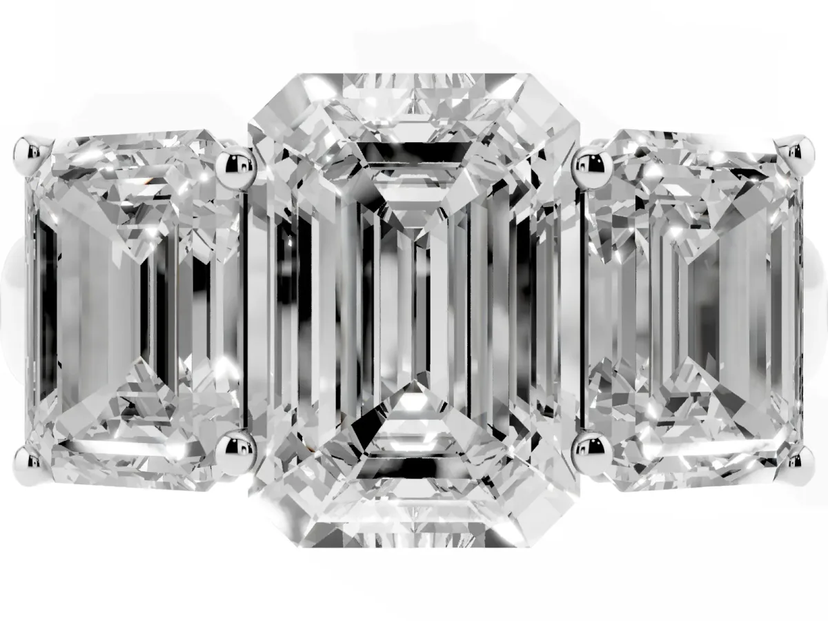 Emerald Cut Three-Stone Diamond Ring with Prong Setting on a Classic Band White gold