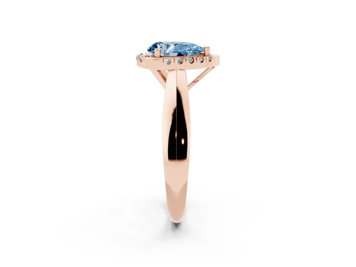 Fancy Blue Pear Cut Cut Halo Solitaire Engagement Ring with Square Band and Four-Prong Setting Rose gold