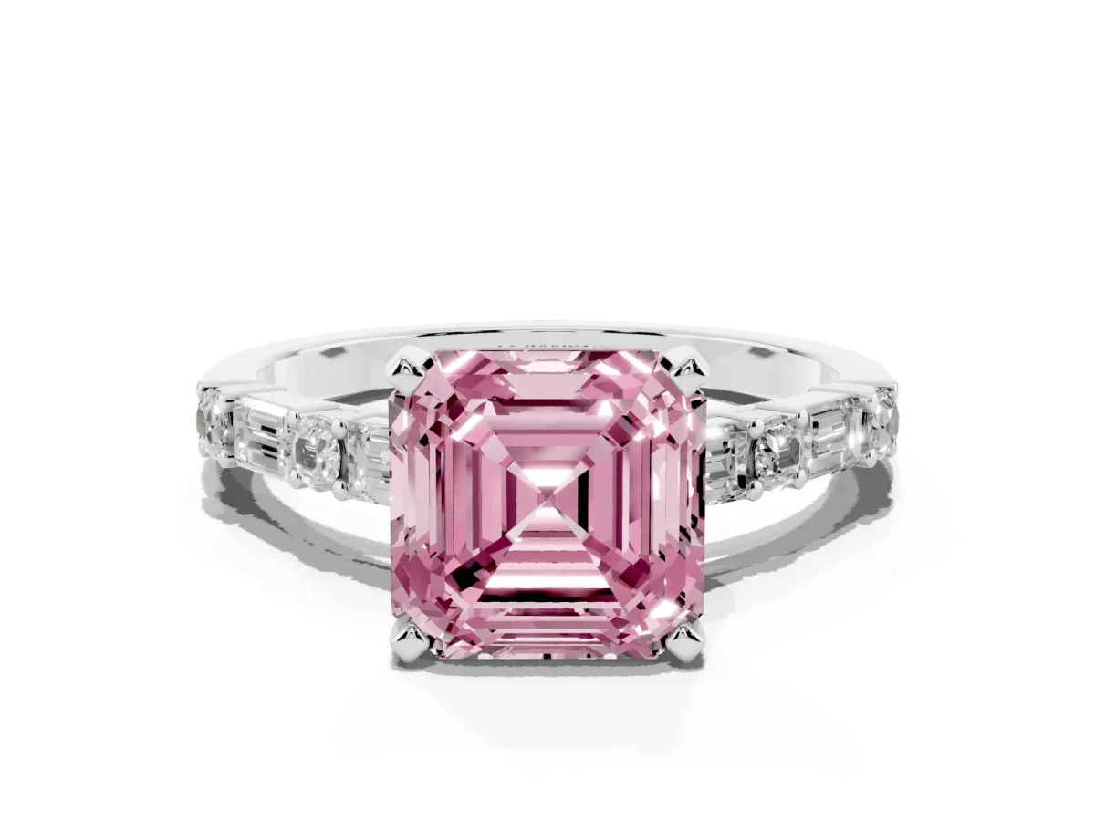 Fancy Pink Asscher Cut Diamond Solitaire with Side Baguettes and Channel Set Band Silver