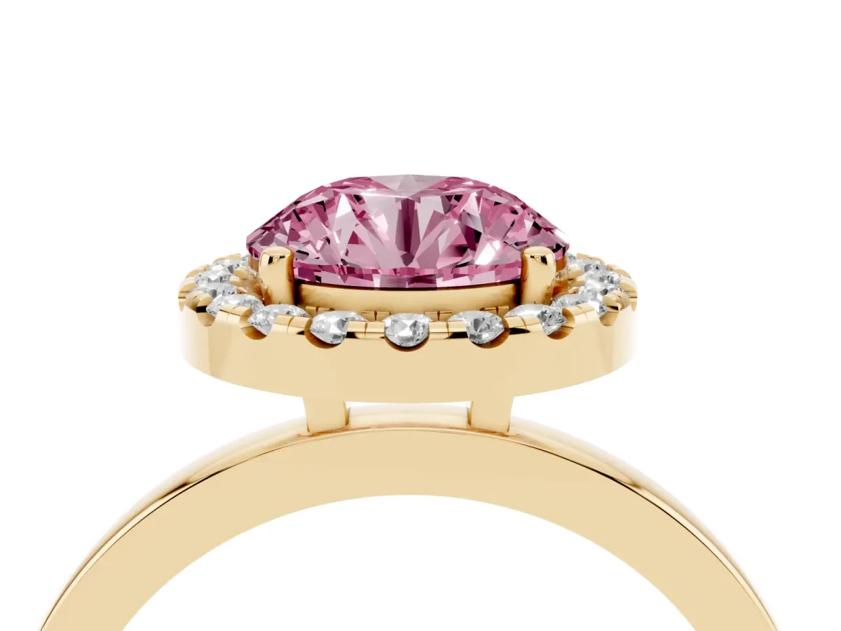Fancy Pink Round Cut Halo Diamond Solitaire with Pavé Band and Four-Prong Setting Yellow gold