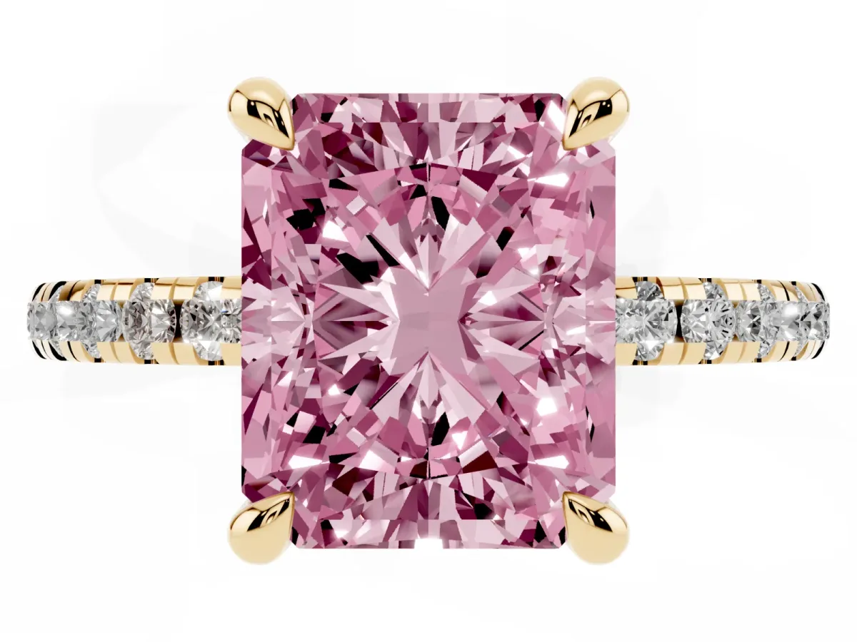 Fancy Pink Radiant Cut Diamond Brilliant Solitaire Ring with Pavé Band and Four-Prong Setting Yellow gold