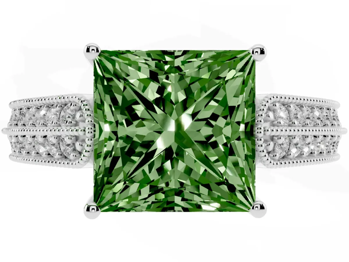 Fancy Green Princess Cut Cut Pave Split Shank Engagement Ring with Four-Prong Setting Silver