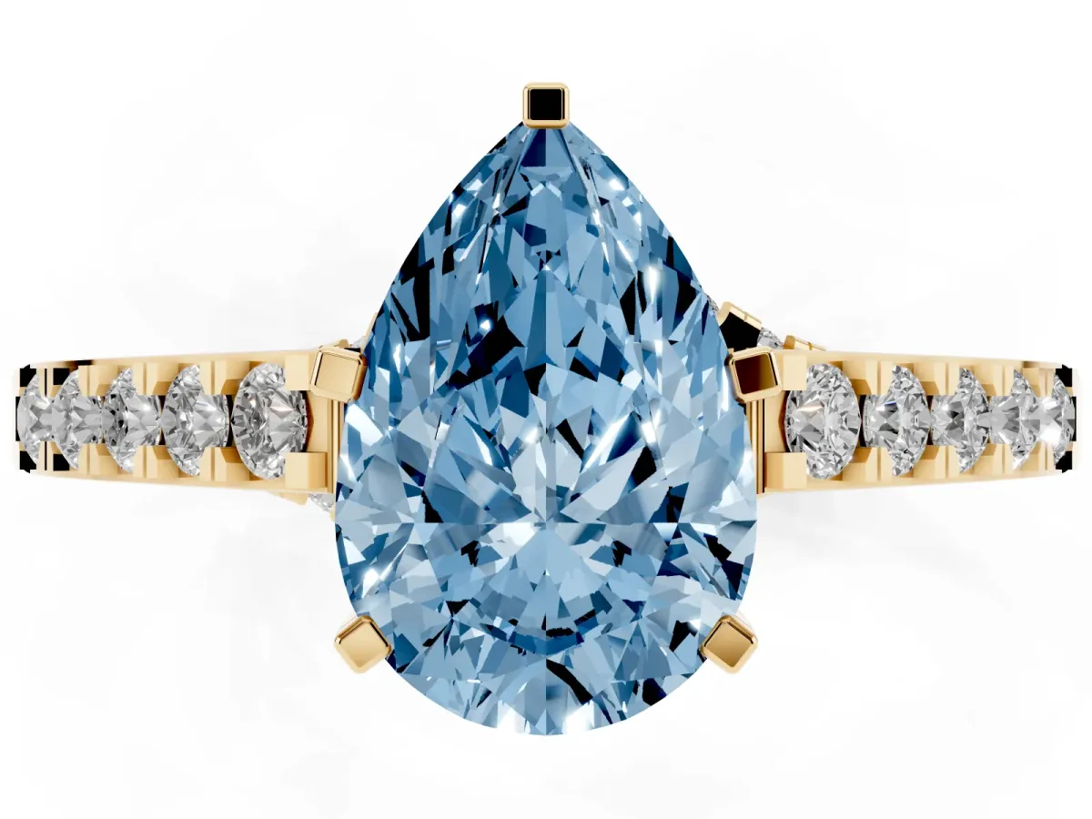 Fancy Blue Pear Cut Diamond Solitaire Ring with Crossover Gallery and Round Pavé Band Yellow gold