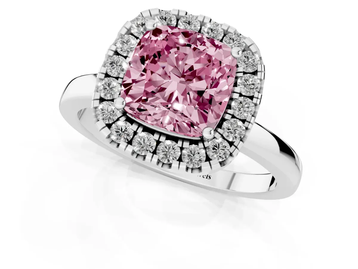Fancy Pink Cushion Cut Halo Diamond Solitaire with Pavé Band and Four-Prong Setting White gold