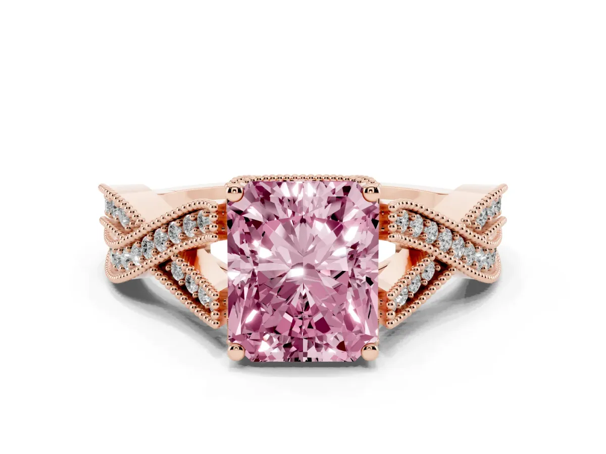Fancy Pink Radiant Cut Cut Diamond Twisted Band with Milgrain Pave Setting and Four-Prong Setting Rose gold