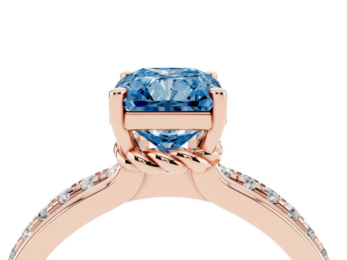 Fancy Blue Radiant Cut Solitaire Diamond Ring with Channel Set Band and Six-Prong Setting Rose gold