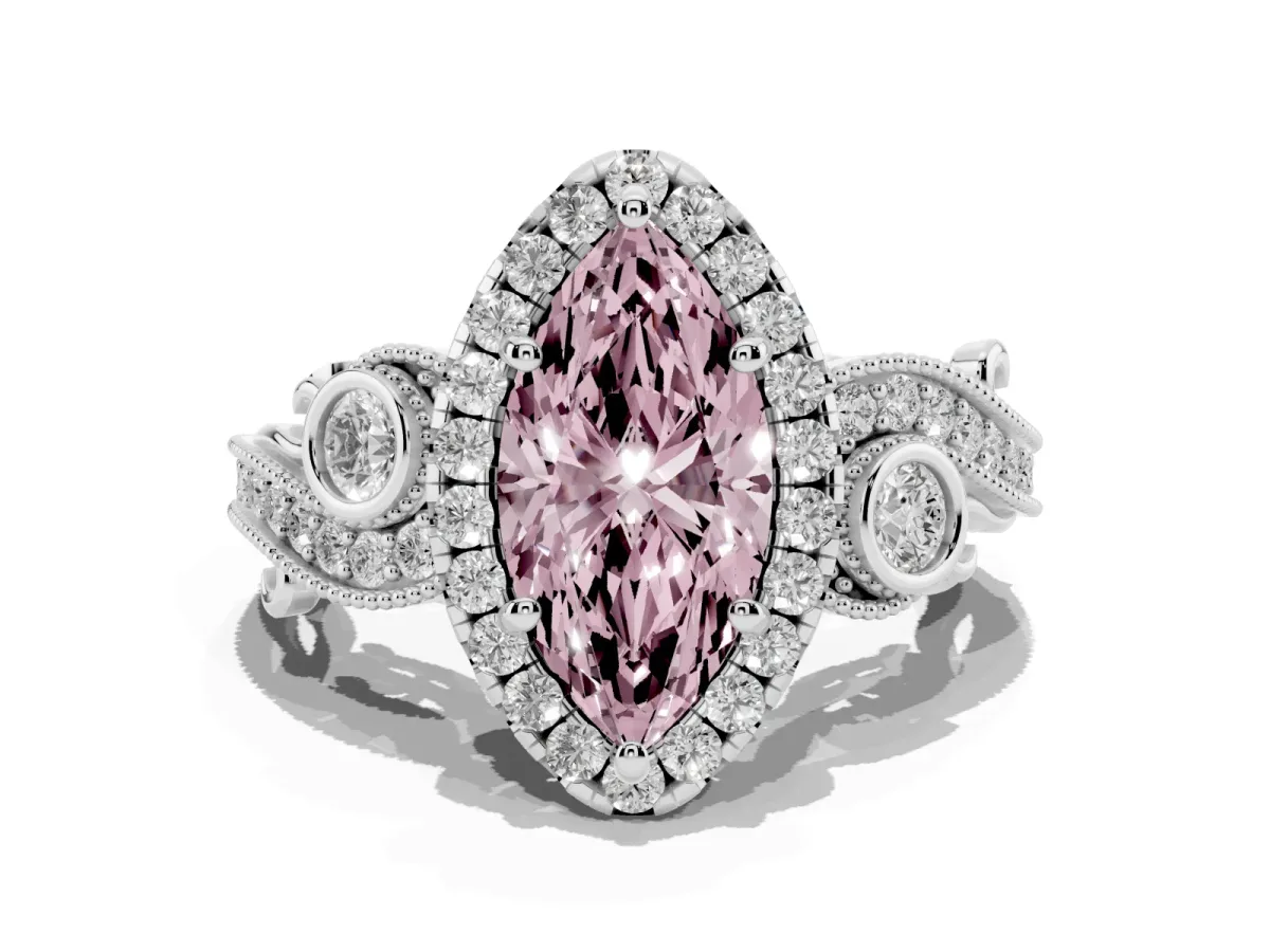 Fancy Pink Marquise Cut Diamond Halo Ring with Milgrain Pavé Band and Four-Prong Setting Silver