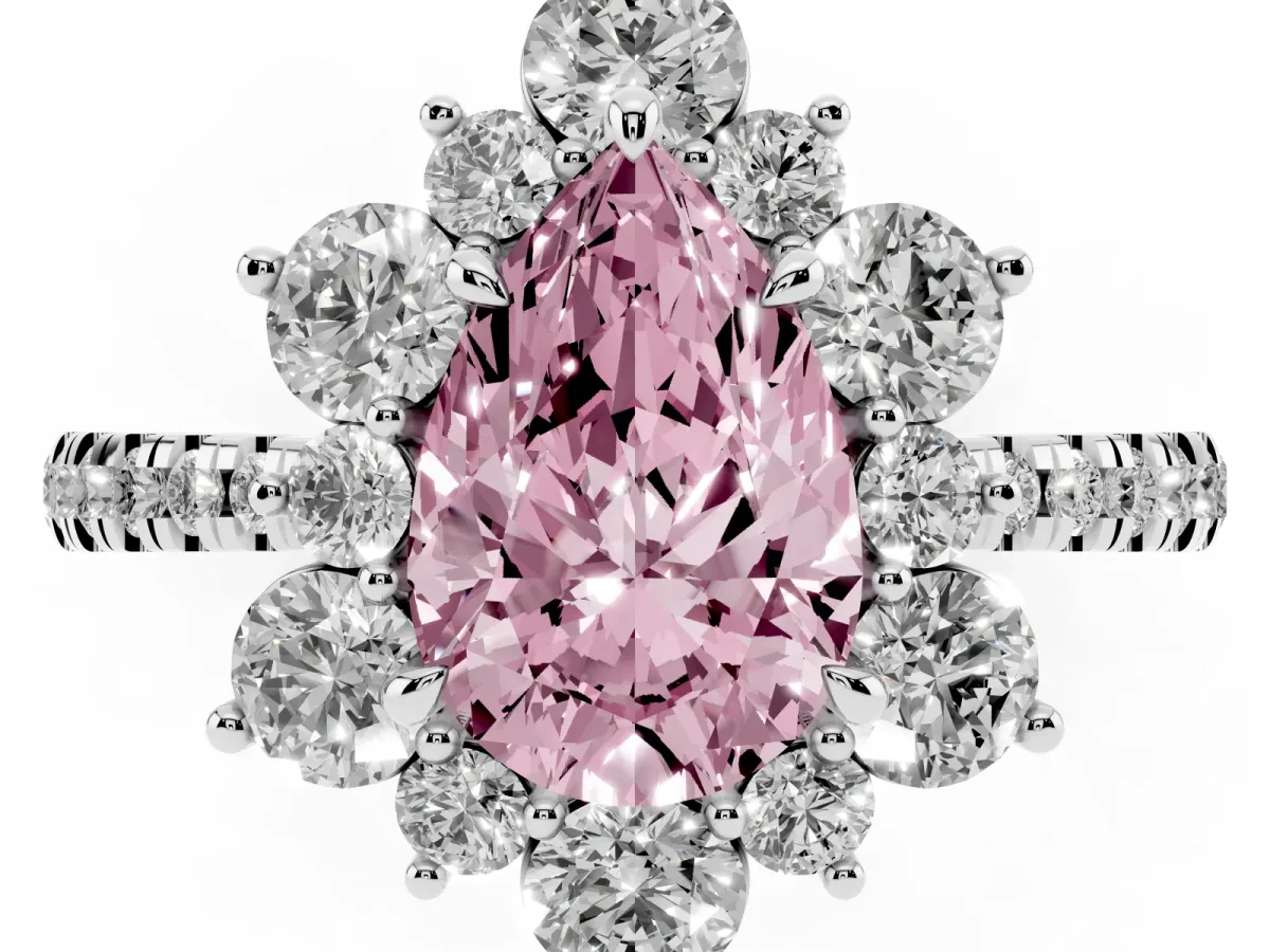 Fancy Pink Pear Cut Diamond Floral Halo Ring with Round Pavé Band and Prong Setting Platinum