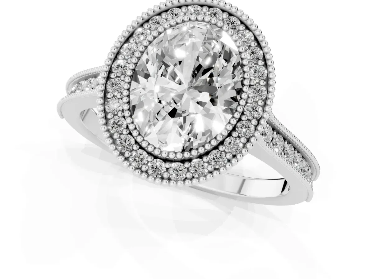 Halo Oval Cut-Cut Diamond Pave Band Milgrain Prong Setting Ring Silver