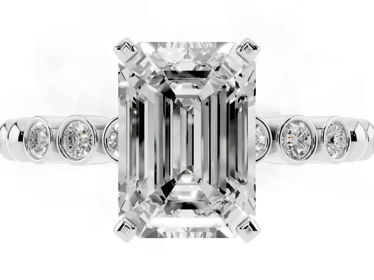 Emerald Cut Solitaire Bezel Accent Diamond Engagement Ring with Beaded Band and Four-Prong Setting Silver