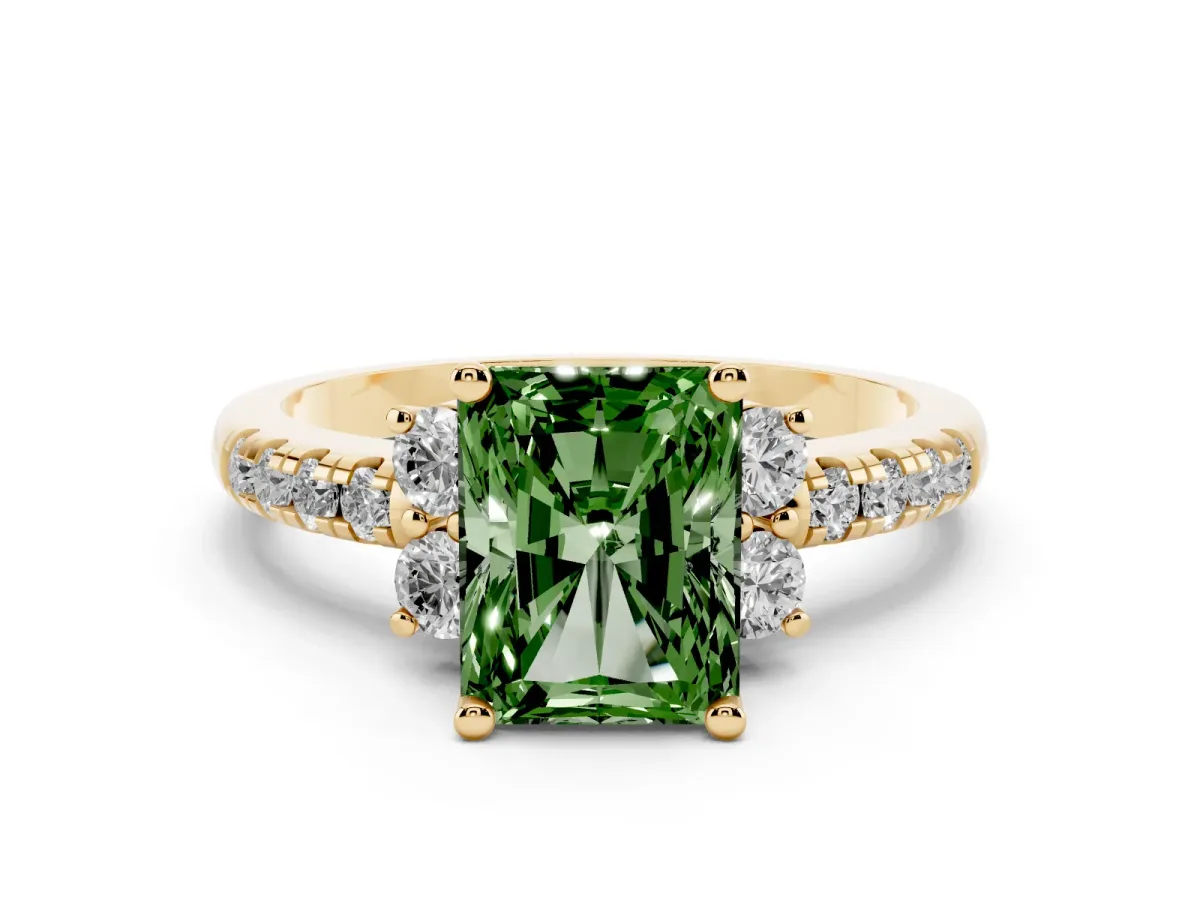 Fancy Green Radiant Cut Diamond Three-Stone Pave Band with Four-Prong Setting Yellow gold