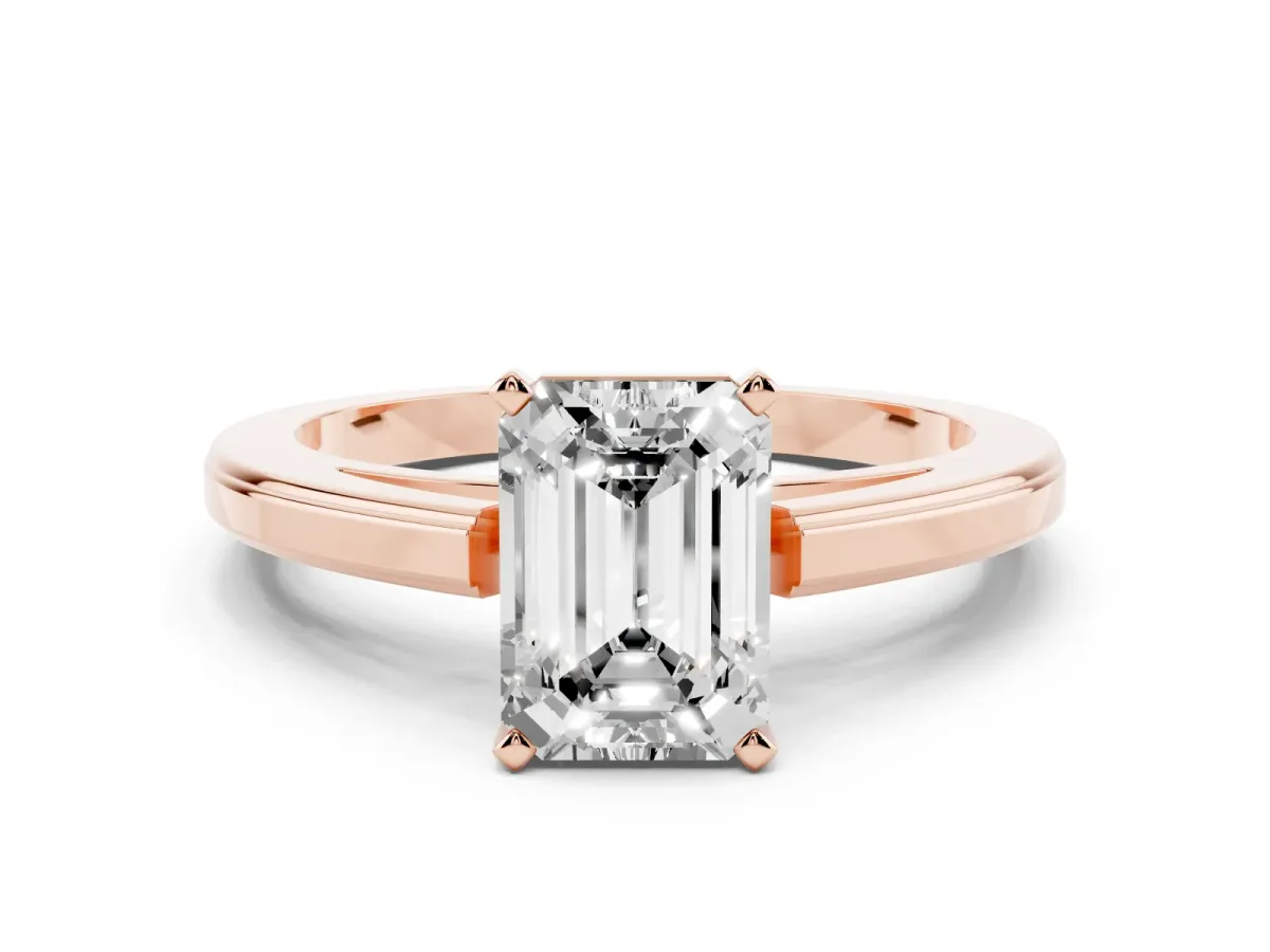 Emerald Cut Solitaire Diamond Ring with Four-Prong Setting and Classic Band Rose gold