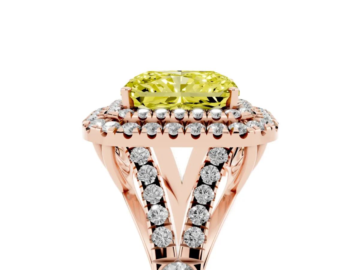 Fancy Yellow Radiant Cut Diamond Double Halo Ring with Split Shank and Prong Setting Rose gold