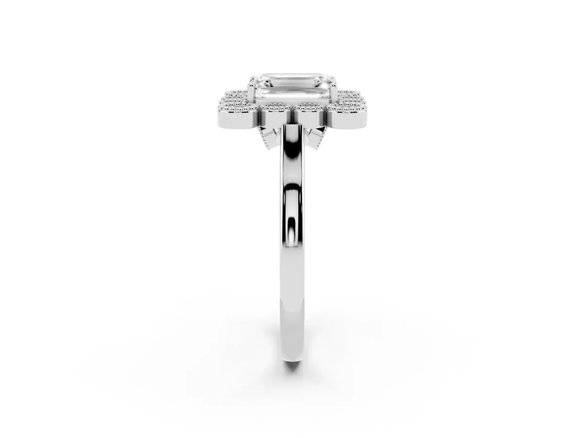 Emerald Cut Halo Diamond Cluster Engagement Ring with Milgrain Bezel Setting and Solitaire Band Platinum